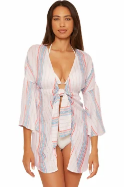 Becca Front-Tie Covers|Tunics>RADIANCE V-NECK TUNIC |WHT/CRL/OAS STRIPE|WHITE